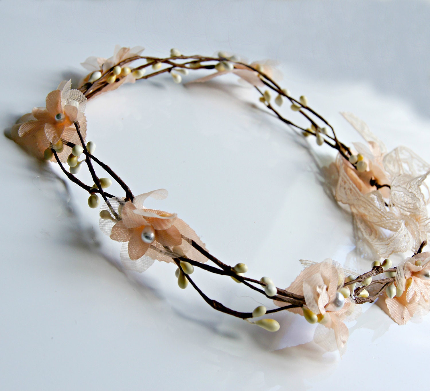 Flower Crown Wedding Wire Vine Crown Peach Rustic Bridal Etsy