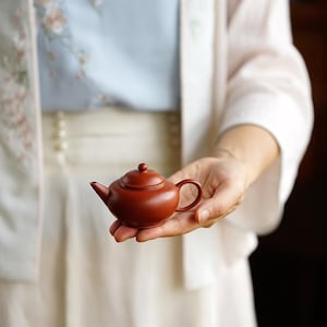May include: A small, round, reddish-brown clay teapot with a matching lid, a short spout, and a curved handle. The teapot has a smooth, matte finish and a simple, compact design, held in the palm of a hand to show its miniature scale.