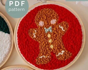 Gingerbread Man Punch Needle PDF Pattern – Christmas Design, Modern Embroidery, Digital Download