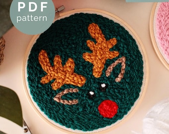 Rudolph Reindeer Punch Needle PDF Pattern – Christmas Design, Modern Embroidery, Digital Download