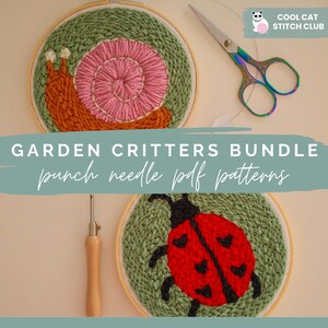 May include: A collection of punch needle embroidery hoops featuring garden critters. The designs include a snail, a ladybug, and the text "GARDEN CRITTERS BUNDLE punch needle pdf patterns". A pair of rainbow scissors and a punch needle tool are also visible.