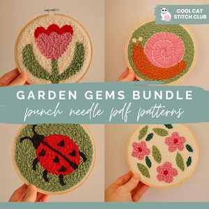 May include: A collection of four punch needle embroidery hoops featuring garden-themed designs. The designs include a pink and red flower, a snail, a ladybug, and pink flowers. The text "GARDEN GEMS BUNDLE" and "punch needle pdf patterns" are also visible.