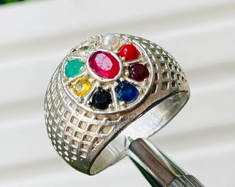 ¡Hermoso! Anillo de novia de plata con múltiples piedras preciosas, Navratan de alta calidad (anillo de plata con piedras preciosas mixtas) y regalo adicional.