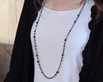 Classic Black Pearl and Crystal Long Wrap