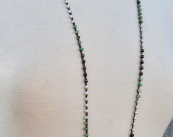 Pyrite, Pearls, and Chrysoprase on Chocolate Long Wrap #0062