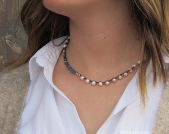 6mm Pearl, Kyanite, Silver Pewter and Labradorite on Chocolate Choker #0061A