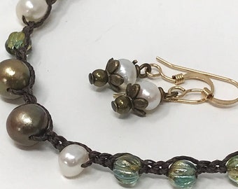 Delicate Pearl Earrings with Brass Flowers and Pyrite Accents