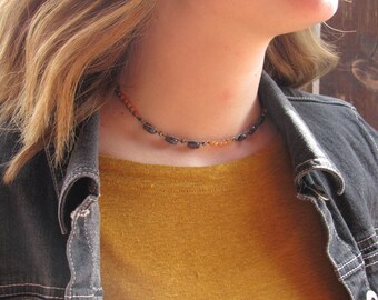 Orange Lolite and Pyrite on Sepia Choker #0063