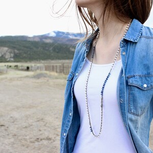 Bright Blue Kyanite, Freshwater Pearl, Silver Pewter & Grey Labradorite on Crocheted Long Wrap
