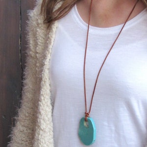 Large Chunk Turquoise Color Pendant Necklace on Red Brown Leather image 3