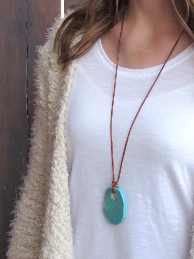 Large Chunk Turquoise Color Pendant Necklace on Red Brown Leather image 3