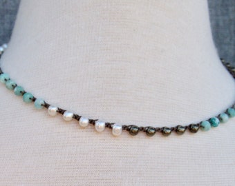 Pyrite, Pearls and Chrysoprase on Chocolate Choker #0062