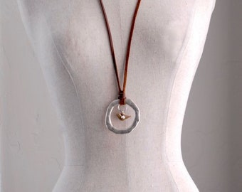 Pewter Pendant with Bird and Pearl on Leather