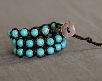 Antique Brown Leather Triple Wrapped Turquoise Bracelet