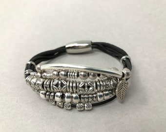 Silver Multi-Strand Black Leather Bracelet