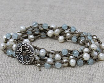Delicate Pearl and Aquamarine Long Wrap