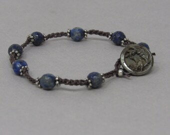 Blue Lapis and Silver Pewter Flower Bracelet