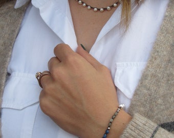 Pearls, Kyanite, Silver Pewter and Labradorite on Chocolate Bracelet #0061B