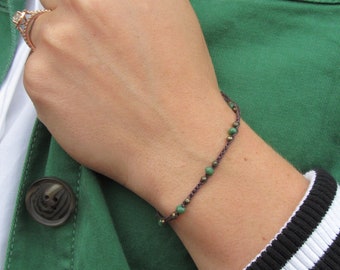 Green Crystals and Pyrite on Chocolate Bracelet #0060