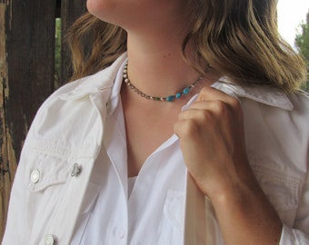 Pearls, Crystals, Blue Chip, Aqua Blue and Silver Pewter Choker, on Sepia  #0069