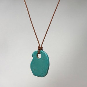 Large Chunk Turquoise Color Pendant Necklace on Red Brown Leather image 1