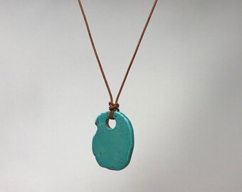 Large Chunk Turquoise Color Pendant Necklace on Red Brown Leather