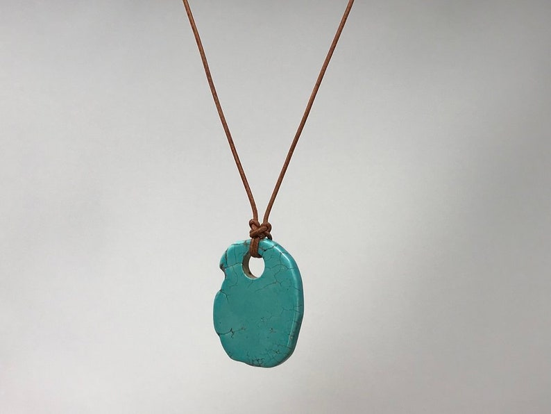 Large Chunk Turquoise Color Pendant Necklace on Red Brown Leather image 1