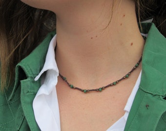 Green Crystals and Pyrite on Chocolate Choker #0060