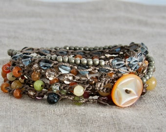 Carnelian, Blue Czech, Crystal, Pyrite, and Aventurine Gemstones Long Wrap