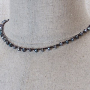 Delicate Silver Peacock Pearl Choker, on Chocolate image 1