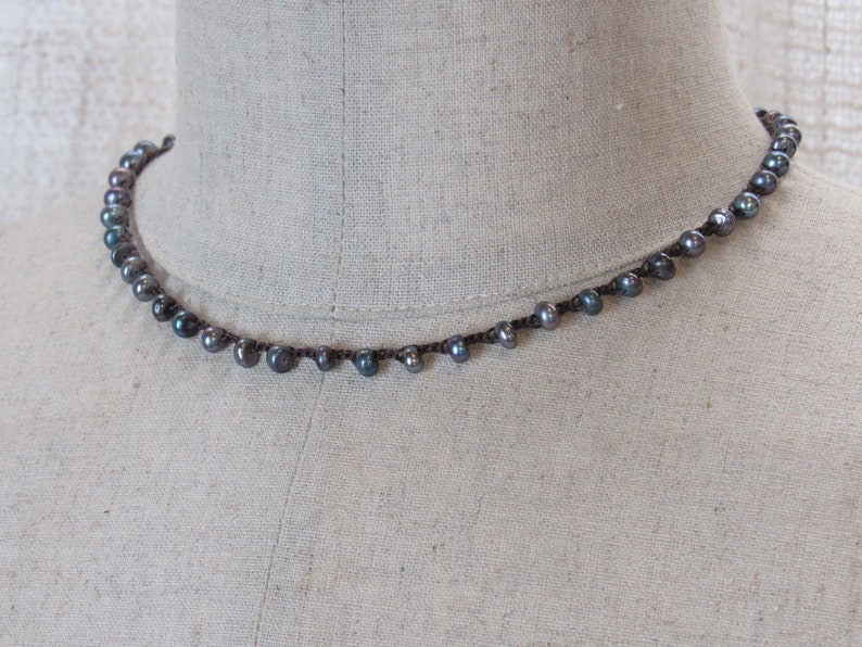 Delicate Silver Peacock Pearl Choker, on Chocolate image 1