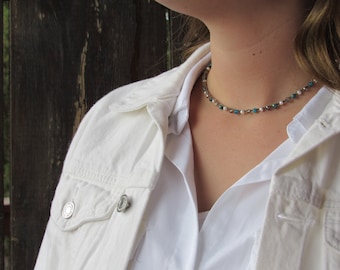 Apatite, Pearls and Austrian Crystal Choker, on Sepia #0070