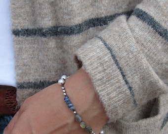 Pearls, Kyanite, Silver Pewter and Labradorite on Chocolate Bracelet #0061A