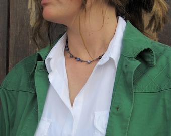 Pattern Lapis and Sodalite on Chocolate Choker #0054