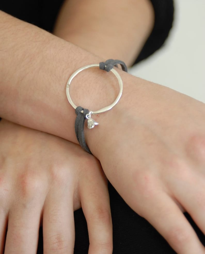 Silver Circle and Gray Leather Bracelet