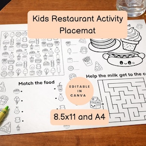May include: A white placemat with black line drawings of food items, a maze, and matching activities. Text on the placemat reads "Kids Restaurant Activity Placemat", "Match the food", and "Help the milk get to the cereal". The placemat is 8.5x11 inches and A4 size.