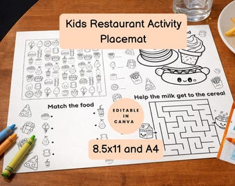 Mantel individual imprimible con actividades para niños para restaurantes con temática gastronómica, página para colorear y más, editable en Canva, A4 y 8,5 x 11