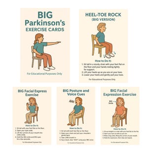 May include: A set of exercise cards for Parkinson's patients, featuring illustrations of exercises like heel-toe rock and facial expressions. Each card includes instructions and is labeled "For Educational Purposes Only."