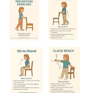 Può includere: Quattro guide illustrate di esercizi per l'equilibrio e la prevenzione delle cadute. Ogni guida mostra una persona che esegue esercizi con una sedia. I titoli includono "Balance & Fall Prevention Exercises", "Heel Raises", "Sit-to-Stand" e "Clock Reach".