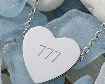 777 Angel Number Heart Necklace, Stainless Steel Engraved Pendant
