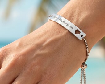 Personalized Heart Bar Bracelet, Engraved Stainless Steel, Adjustable Waterproof Jewelry