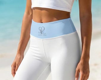 White Yoga Leggings | High-Waisted Recycled Activewear with Blue Band