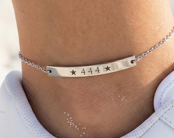 Angel Number 444 Anklet, Minimalist Engraved Stainless Steel Bracelet, Spiritual Jewelry