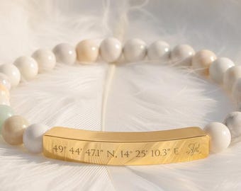 Custom Coordinate Bracelet, Rose Quartz, Personalized Silver Bar, Memorial Gift