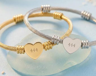 444 Angel Number Heart Cuff Bracelet | Gold Silver Stainless Steel Bangle