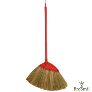 以下が含まれることがあります： 赤い柄と天然繊維のブラシヘッドが付いたほうき。床を掃くように設計されており、使いやすいように長い柄が付いています。ほうきは耐久性のある素材で作られており、屋内と屋外の両方で使用できます。