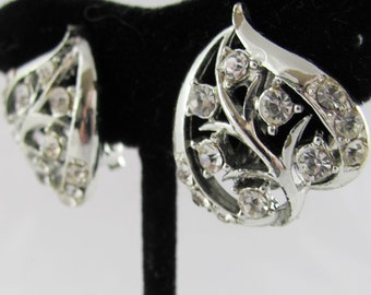 Heart Leaf Vintage Earrings Crystal Clear Rhinestones Silver Setting Wedding Bridal Gift