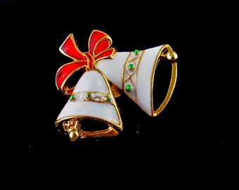 Vintage Brooch White Bells and Red Bow Trembler Holiday pin Ringing in the Holidays