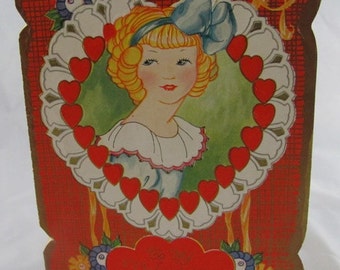 Vintage Valentine Card 1930s 40s Young Girl Bright Graphics Flowers Hearts Art Deco scrapbooking Collectable Poetry paper ephemera