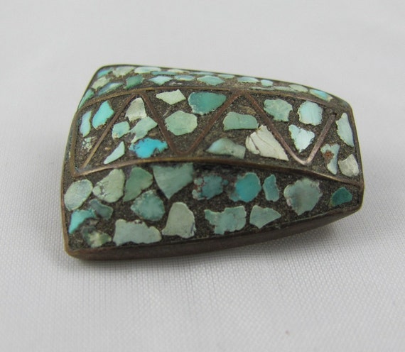 Turquoise Mosaic Vintage brooch pin Geometric  Ar… - image 5